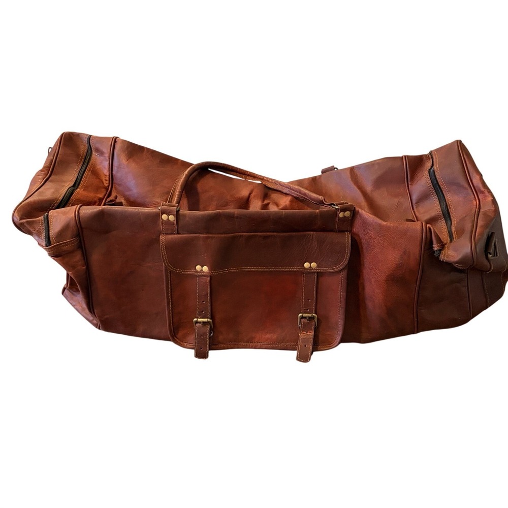 Handmade Genuine Leather 32" Duffle Bag Brown Vintage Style Travel Weekender